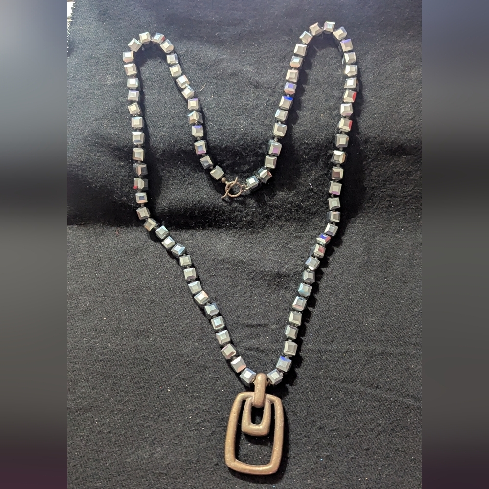 Brass Tone Grey Cube Crystal Long Beaded Pendant Statement Necklace